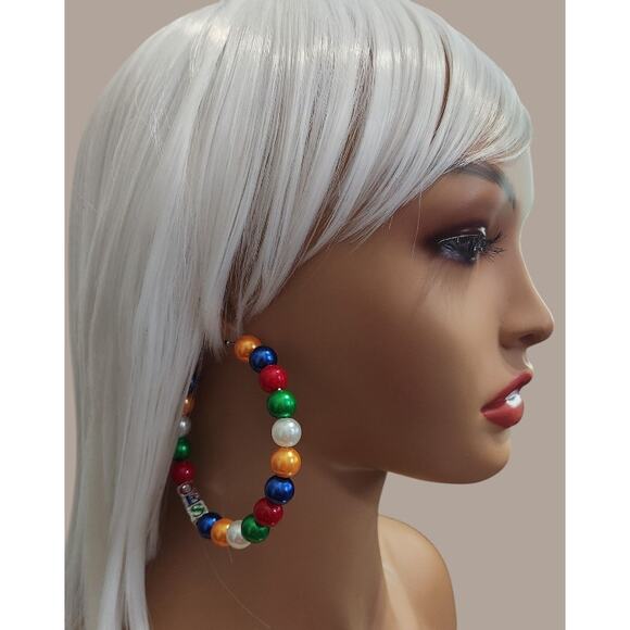 OES Eastern Star Earrings with White, Blue, Yellow, Red & Green Pearls - Picture 3 of 5